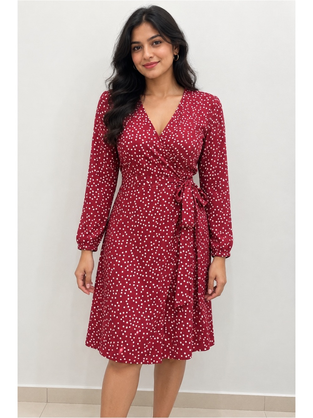 Banana Republic Red Polka Dot Wrap Dress Sz 8 Long Sleeve Belted